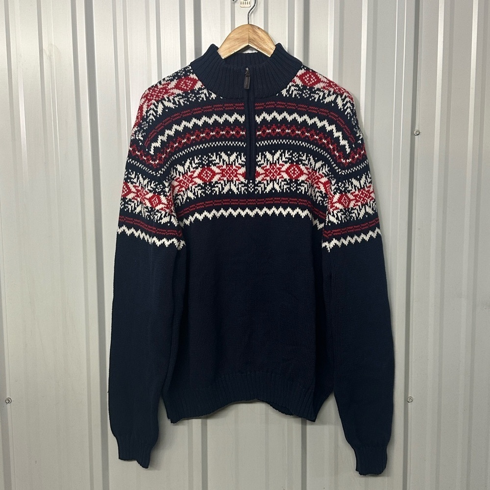 IZOD Men’s XXL Fair Isle Sweater Navy Red White Half Zip Casual Ski Lodge Core
